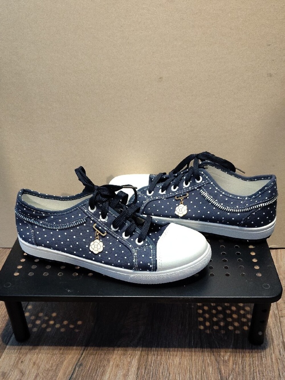 New, Never Worn. Navy Polka Dot Lace-Up Sneakers with Flower Charm - Picture 3 of 5